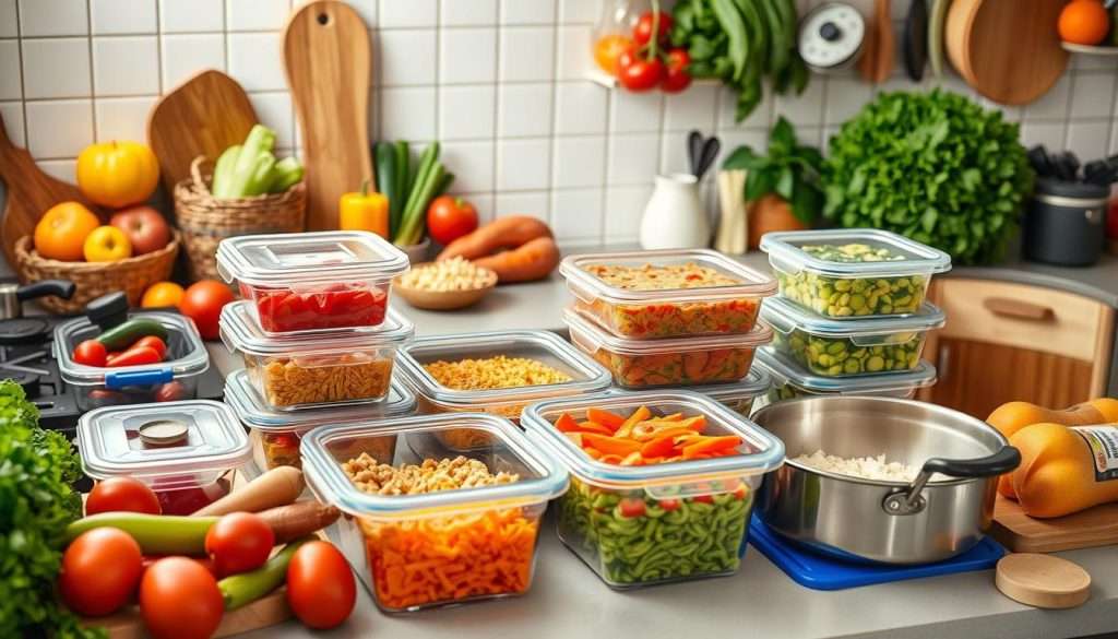 A vibrant kitchen scene featuring an organized meal prep area with colorful ingredients, fresh vegetables, and neatly stacked containers filled with ready-to-cook meals, surrounded by chopping boards and kitchen utensils, evoking a sense of warmth and family togetherness.