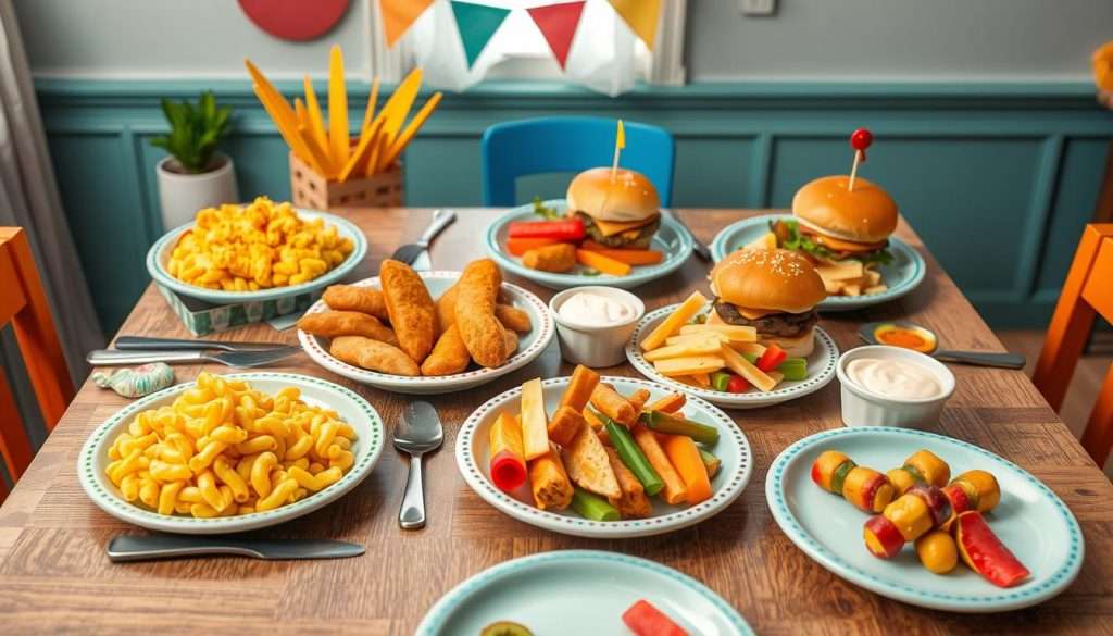 A colorful and inviting dinner table set with a variety of kid-friendly dishes, featuring macaroni and cheese, chicken tenders, mini burgers, vegetable sticks with dip, and fruit skewers. The scene includes playful plates and utensils designed for children, surrounded by cheerful decorations and a warm, family-friendly ambiance.