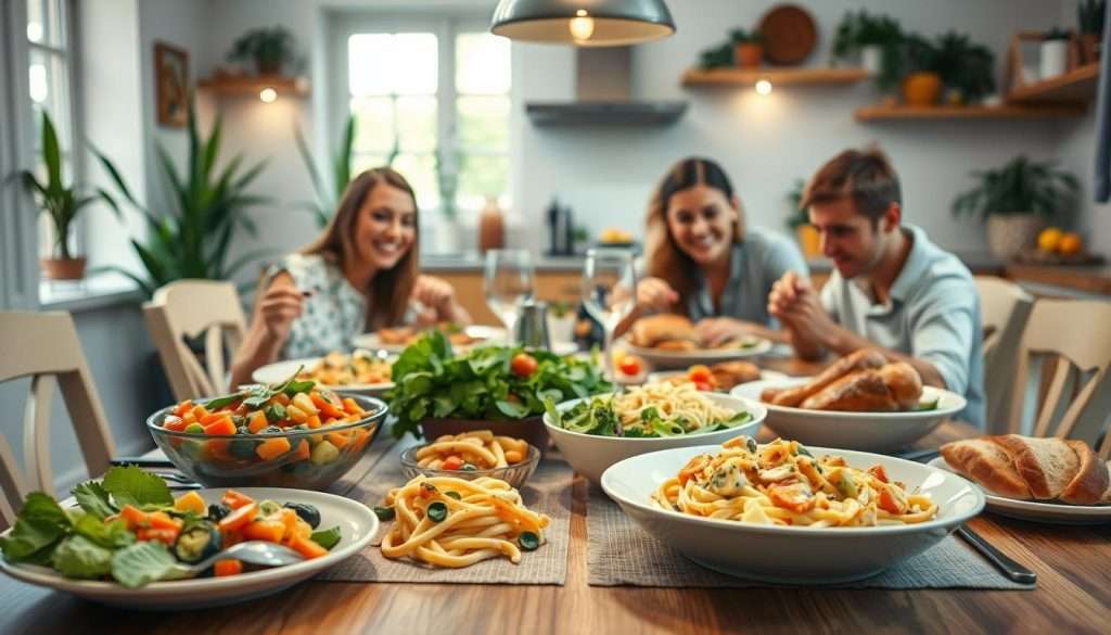 A vibrant, inviting family dinner scene featuring a beautifully set dining table with an array of delicious dishes, including a colorful vegetable stir-fry, creamy pasta, roasted chicken, fresh salad, and warm bread. The background showcases a cozy kitchen ambiance with soft lighting, plants, and family-friendly decor that enhances the warm, welcoming atmosphere.