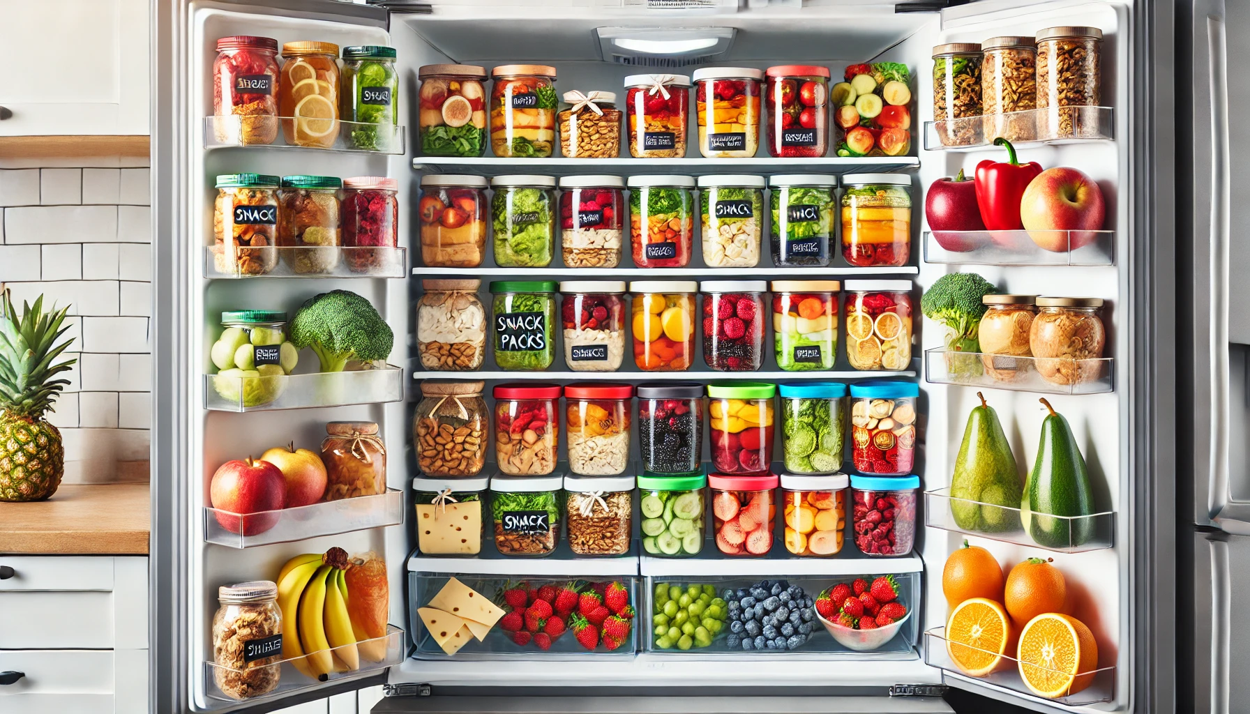 A well-organized fridge filled with colorful containers of homemade snack packs, arranged neatly with vibrant fruits, vegetables, nuts, and cheeses. The containers are neatly labeled, giving the fridge an organized, Pinterest-worthy look. The fridge door is open, with a clean and modern kitchen backdrop. The overall vibe is fresh, healthy, and visually appealing, showcasing a space that's both practical and aesthetically pleasing.