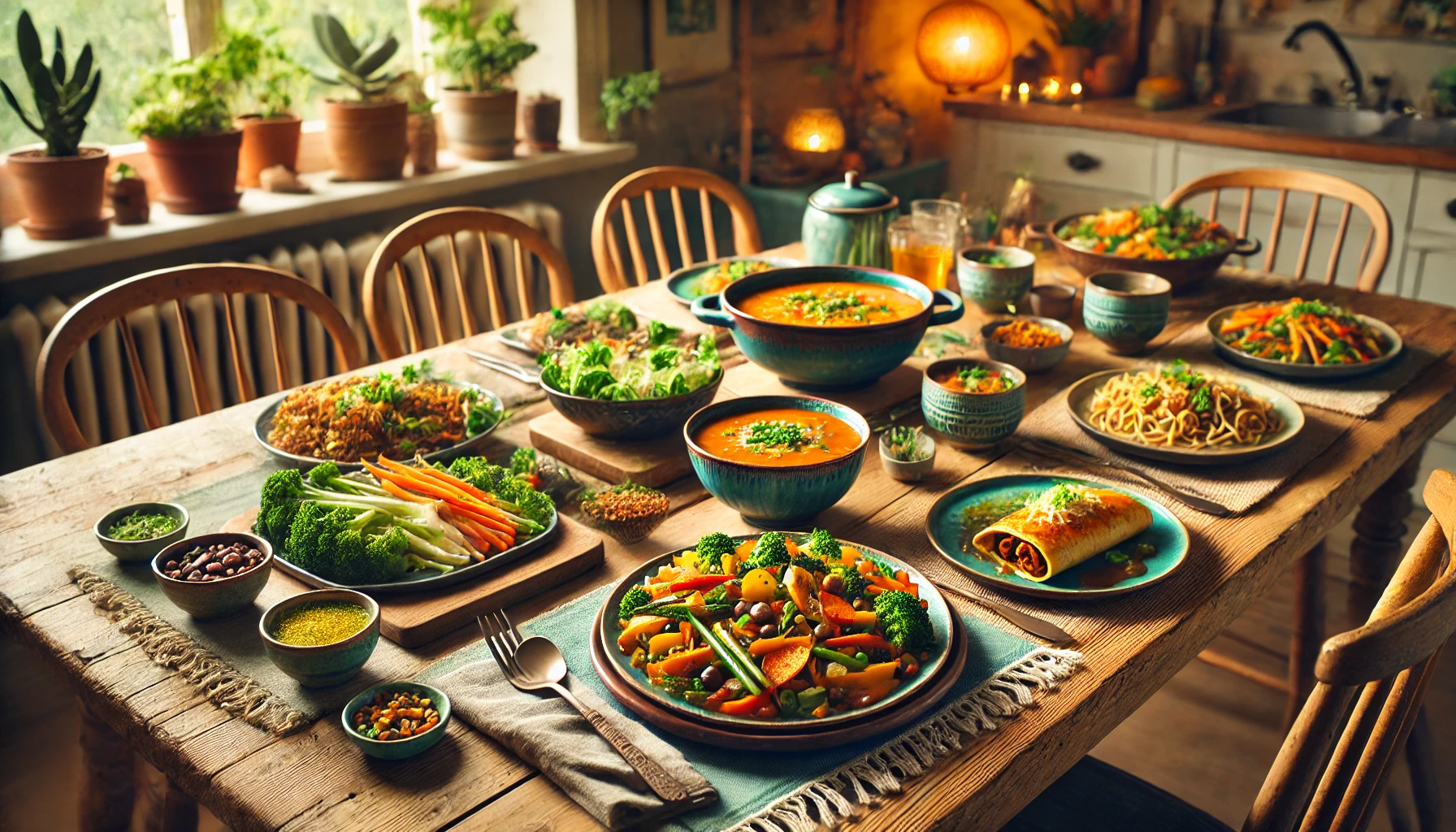 A cozy family dining room table set for dinner, featuring a vibrant and colorful veggie-packed stir-fry, a steaming bowl of hearty lentil soup, and a tray of cheesy bean enchiladas. The table is adorned with rustic wooden plates, colorful ceramic bowls, fresh herbs as garnish, and a warm, inviting atmosphere with soft ambient lighting. The background includes a hint of a homey kitchen with subtle decor, emphasizing a welcoming and family-oriented vibe.
