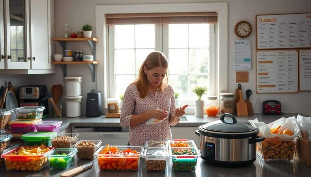 A cozy kitchen scene with a multitasking mom efficiently organizing meal prep, surrounded by colorful containers filled with healthy snacks, a slow cooker on the counter, and a wall chart with schedules; bright natural light streaming in through a window, showcasing a warm and inviting atmosphere.