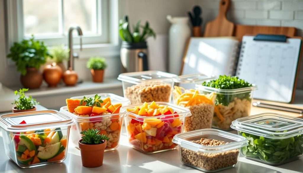 A vibrant kitchen scene featuring various meal prep containers filled with colorful ingredients like chopped vegetables, grains, and proteins, organized neatly on a countertop. Fresh herbs in small pots, a cutting board with kitchen utensils, and a planner in the background with a weekly meal plan visible. Soft, natural light streaming in from a window, creating a warm and inviting atmosphere.