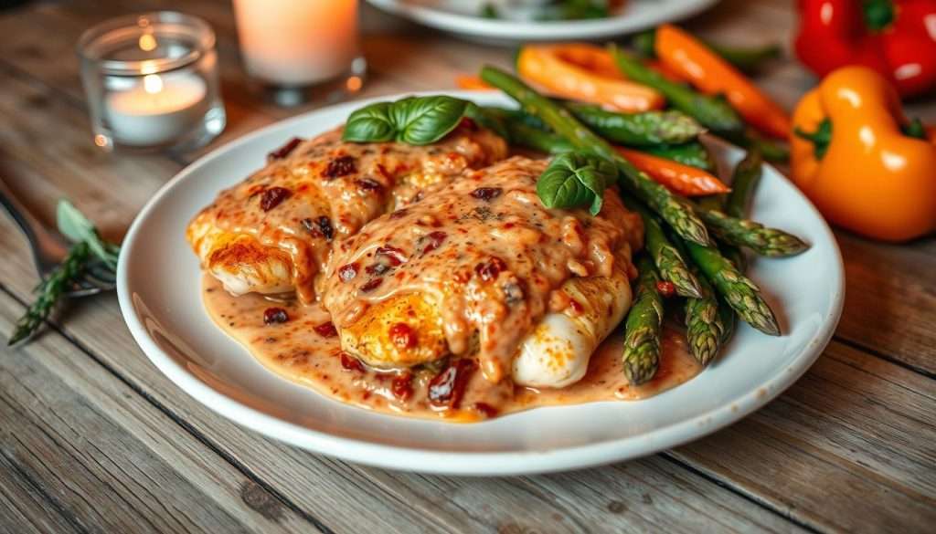 A beautifully plated chicken dish featuring golden-brown, juicy chicken breasts smothered in a creamy sun-dried tomato sauce, garnished with fresh basil and surrounded by vibrant roasted vegetables like asparagus and bell peppers, all set on a rustic wooden table. Soft candlelight creates a warm and inviting atmosphere.