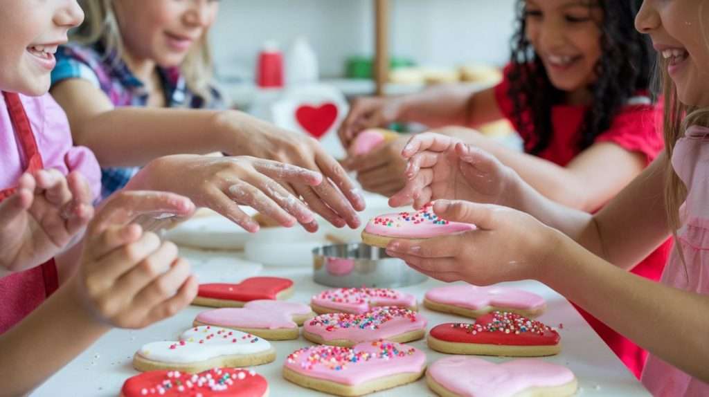 Frosted cookies in shades of pink, red, and white, little fingers carefully adding sprinkles, and the giggles of kids comparing their masterpieces.