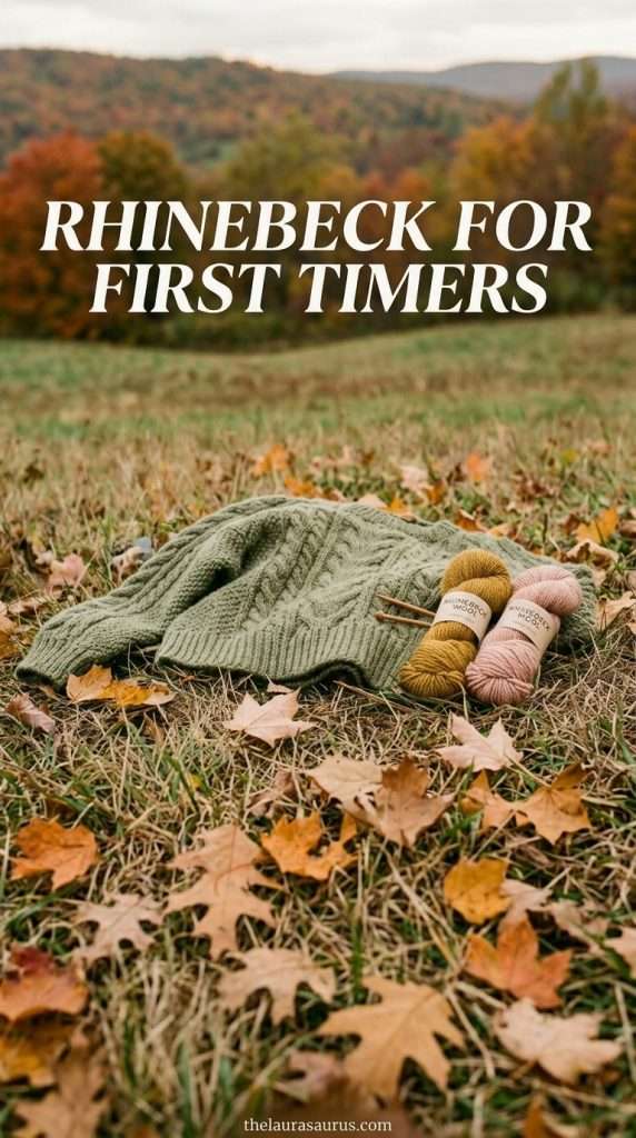 Rhinebeck for First Timers graphic with hand-knit sweater, yarn skeins, and fall leaves on grass with Hudson Valley hills and text overlay